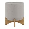 10" PLANTER W/ WOOD STAND, MATTE BEIGE